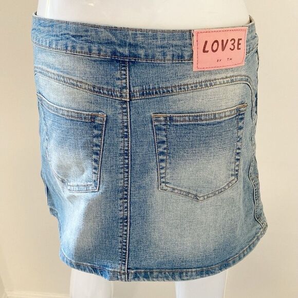 Vintage 90s Y2K Lov3e by TM Denim Low Rise Jean Mini Skirt w Piping Details - Picture 5 of 7